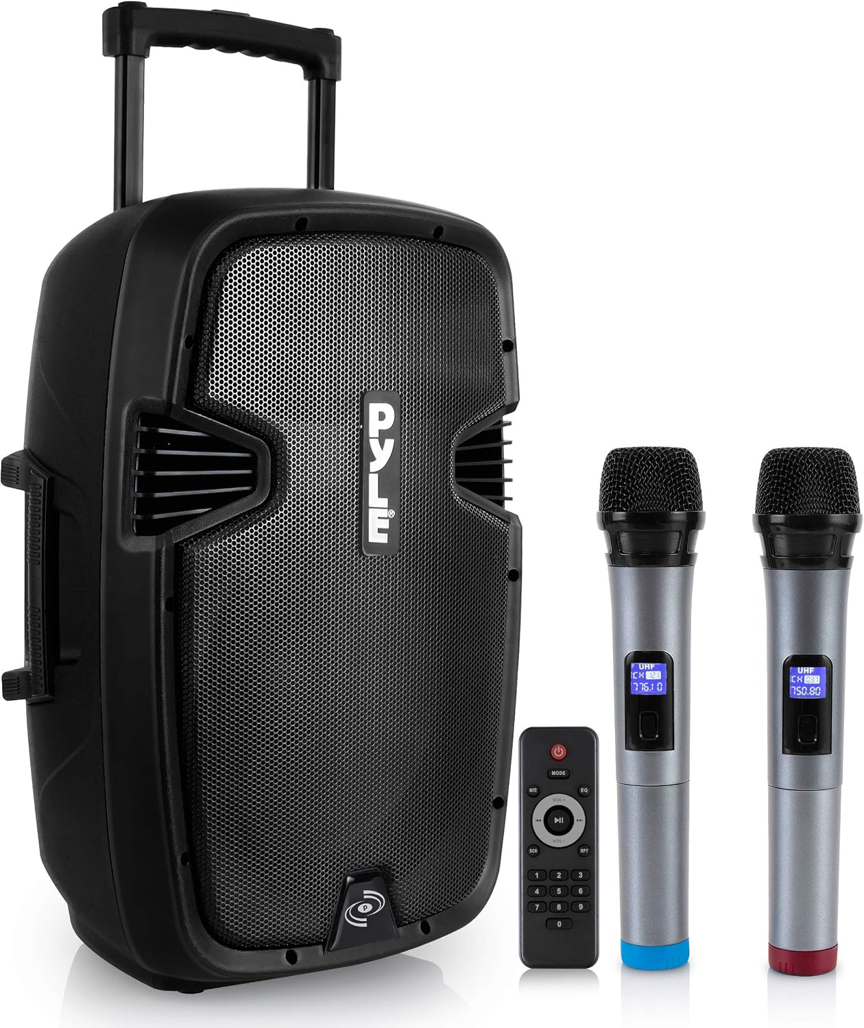 Pyle Karaoke Portable 15-inch PA Speaker System - 1600W Active Powered Bluetooth Compatible Speaker, Rechargeable Battery, Easy Carry Wheels, USB MP3 RCA, FM Radio, 2 UHF Microphone
