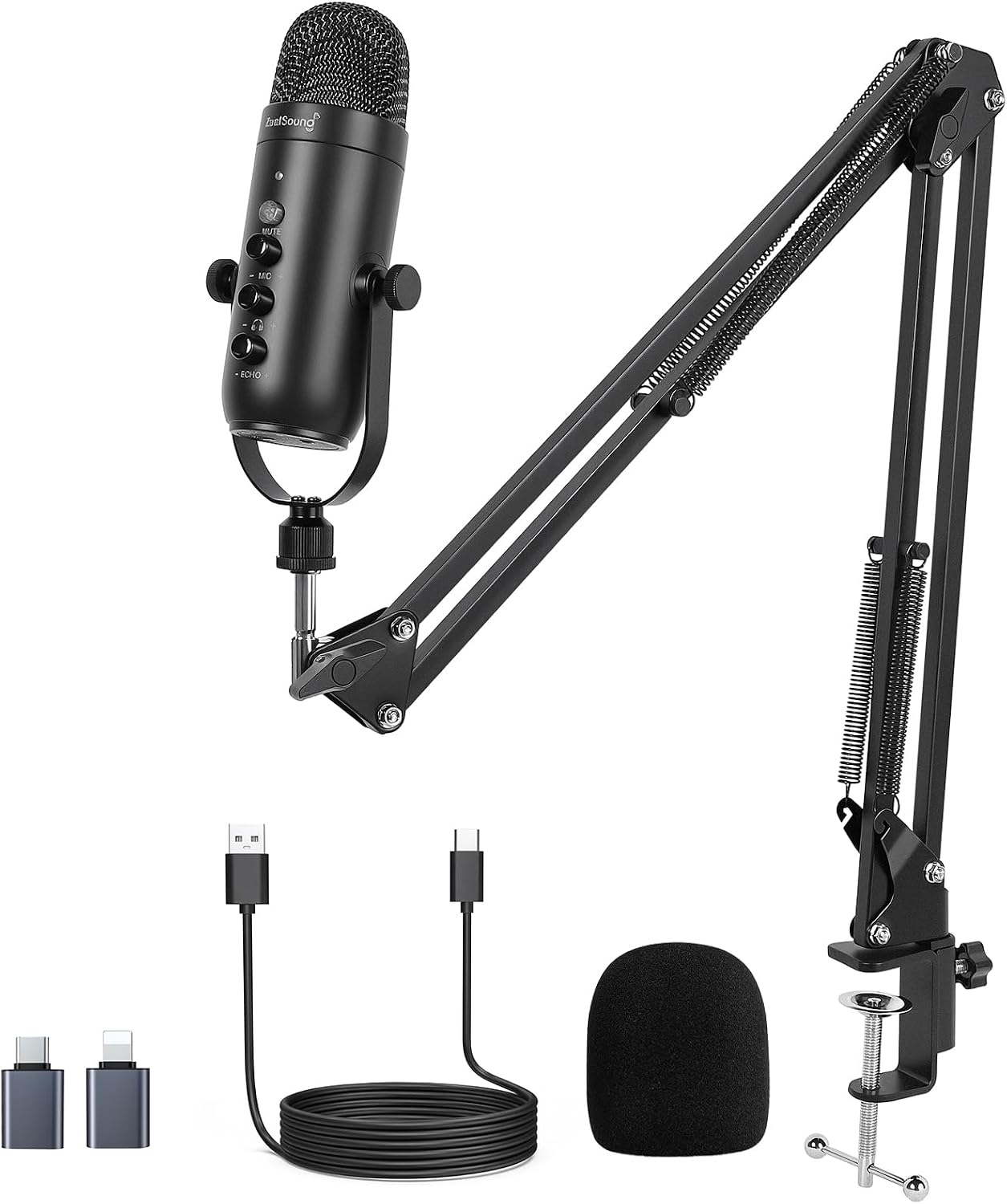 ZealSound Podcast Microphone with Boom Arm, USB Mic with Noise Reduction, Mute, Echo & Volume Control, Zero-Latency Monitoring, Compatible with PC Mac iPhone & Android, for Podcasting TikTok YouTube
