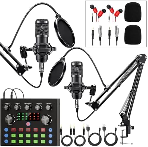 Brvomussy Podcast Equipment Bundle for 2, Audio Interface with Voice Changer Condenser Microphones
